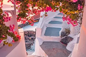 Artistic travel scene. Fantastic sunset landscape of romantic travel and vacation couple destination. Luxury summer adventure concept. Wonderful view