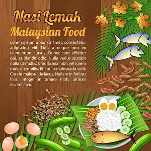 Mackerel Prints: Asean National food ingredients elements set banner on wooden background