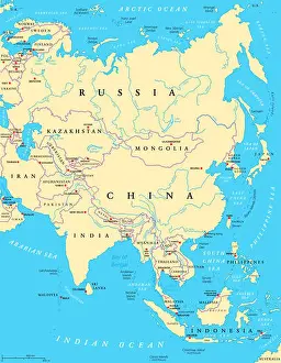 Asia political map with capitals, national borders, rivers and lakes. Largest continent