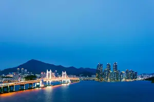 Negative Space Prints: Asia, Republic of Korea, South Korea, Busan, city skyline and Gwangang bridge