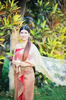 Selfie Prints: Asia woman thai style dress / Portrait of beautiful young girl smiling Thailand traditional costume wearing with thai