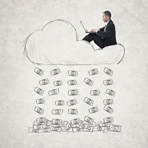 Lottery Prints: Asian businessman working on cloud. Photo compilation with hand drawn background