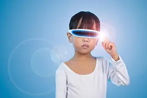 Glance Prints: Asian Chinese little girl wearing futuristic eyeglassses and costumes act as cyborg in isolated background
