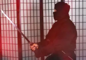 Ninja Prints: Asian Man Wearing Ninja Costume and holding Weapons