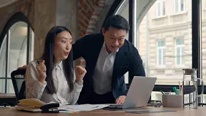 Satisfied Prints: Asian woman Korean girl office intern businesswoman paperwork laptop documents research success good work growth result