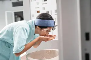 Sink Prints: an asian woman wearing a towel wash her face with water in the sink in the bathroom
