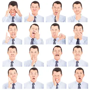 Satisfied Prints: asian young man face expressions composite isolated on white