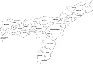Assam Prints: Assam districts map with name labels. Indian State. White background