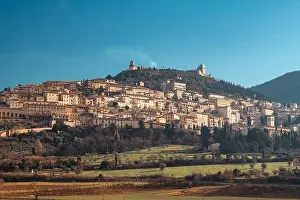 Assisi, Italy town skyline with the Basilica of Saint Francis of Assisi