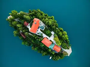 Bled Prints: Assumption Church on Island on Lake Bled in Slovenia Aerial Drone View
