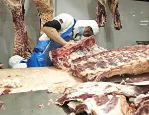 Flesh Prints: Astana, Kazakhstan - June 24, 2021 - Beef and pork carcass cutting shop