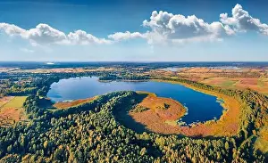 Astonishing morning view from flying drone of Pishchans'ke lake