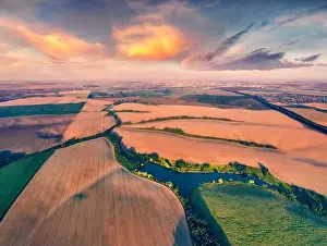Astonishing summer view from flying drone of river in the shape of tree among the field of wheat