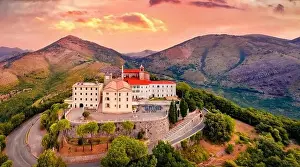 Majestic Mountain Prints: Astonishing summer view from flying drone of Sanctuary of the Madonna della Civita Catholic church