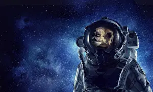 Astronaut camel wearing space suit against starry sky. Mixed media