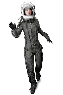 Major Prints: astronaut fashion woman full length space suit helmet isolated on white