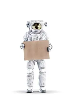 Demonstrate Prints: Astronaut with message / 3D illustration of space suit wearing male figure holding blank cardboard sign isolated