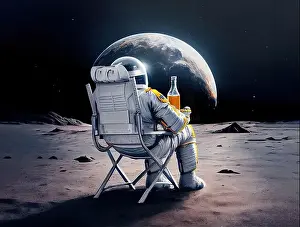 Space Travel Prints: Astronaut on the moon enjoying a beer and relaxing while viewing the planet earth