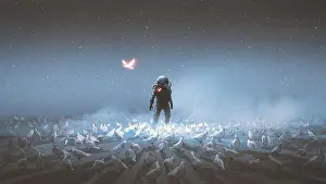 Acrylic Prints: astronaut standing among flock of bird