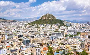 Athens - aerial landscape view of Acropolis to Athens and Lykavittos hill, Greece