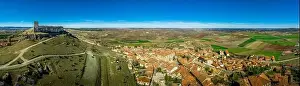 Castilla La Prints: Atienza aerial panorama with blue sky of medieval ruined castle and town with city walls in Castille and Leon Spain