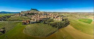 Castilla La Prints: Atienza aerial panorama with blue sky of medieval ruined castle and town with city walls in Castille and Leon Spain
