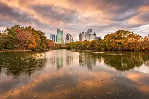 Atlanta, Georgia, USA Piedmont Park skyline in autumn on Lake Meer at dusk