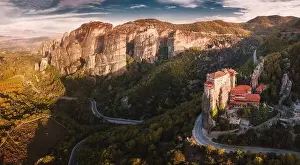 Atmospheric aerial panorama of the famous Monastery of Rousanou Saint Barbaras in Meteora