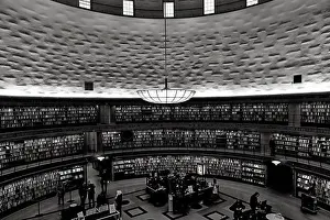 Educate Prints: An atmospheric black and white image of a large library in Stockholm