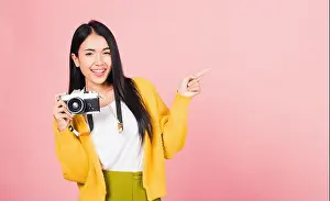 Traveler Prints: Attractive energetic happy Asian portrait beautiful cute young woman teen excited smiling holding vintage photo camera