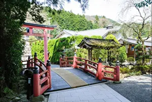 Religions Prints: Attractive red Japanese arched bridge