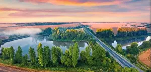Ternopil Prints: Attractive summer sunset on the Ternopil outskirts with two lakes and asphalt road