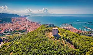 Salerno Prints: Attractive summer view from flying drone of Bastiglia tower and Arechi Castle