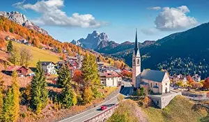 Dolomiten Prints: Attractive view from flying drone San Lorenzo Catholic church