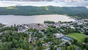 August 20 2024, Sunny afternoon summer aerial image of the area surrounding Lake George, NY, USA