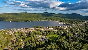 August 20 2024, Sunny afternoon summer aerial image of the area surrounding Lake George, NY, USA