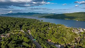 August 20 2024, Sunny afternoon summer aerial image of the area surrounding Lake George, NY, USA