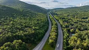 August 20 2024, Sunny afternoon summer aerial image of the interstate, I 87 north of Lake George, NY, USA