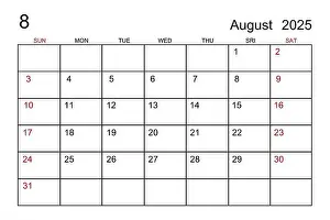 Monthly Prints: August 2025 calendar template on white paper background
