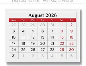 Schedule Prints: August 2026 calendar page. English monthly vector with Monday start