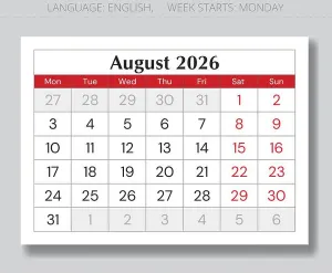 Monday Start Prints: August 2026 calendar page. English monthly vector with Monday start