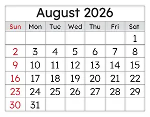 Monthly Prints: August 2026 calendar. Vector English monthly calendar page. Summer month, clean design