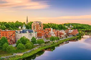 Riverfront Prints: Augusta, Maine, USA skyline on the Kennebec River in the morning