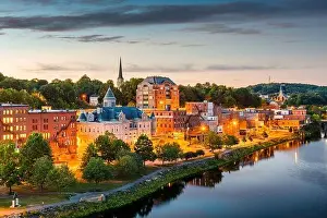 Augusta, Maine, USA skyline on the Kennebec River at twilight
