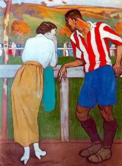 Aurelio Arteta artwork - Idilio en los campos de sport - Idyll in the sports fields. A footballer chats to a woman pitch side
