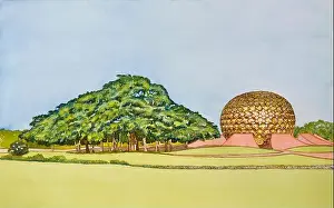 Painted Prints: AUROVILLE, India - February 2022: The Matrimandir and the Banyan Tree