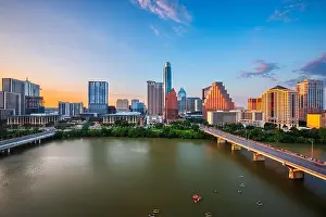 Austin, Texas, USA downtown city skyline on the Colorado River at dusk