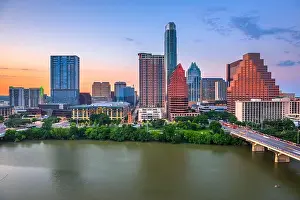 Austin, Texas, USA downtown city skyline on the Colorado River at dusk