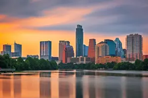 Austin, Texas, USA downtown skyline over the Colorado River at dawn