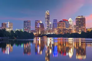 Austin, Texas, USA downtown skyline over the Colorado River at dawn